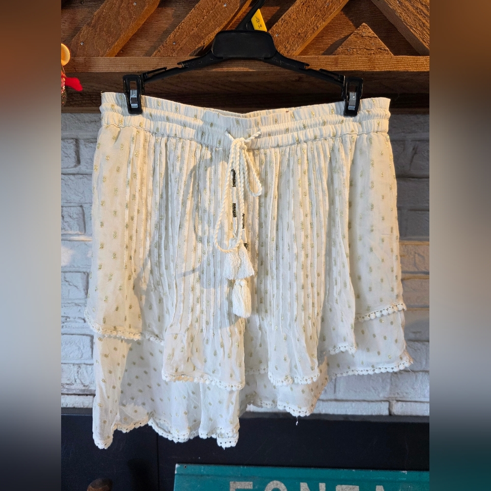 TRY B Boho Drawstring Mini Skirt Gold Polka-dot Elastic Waist Size L